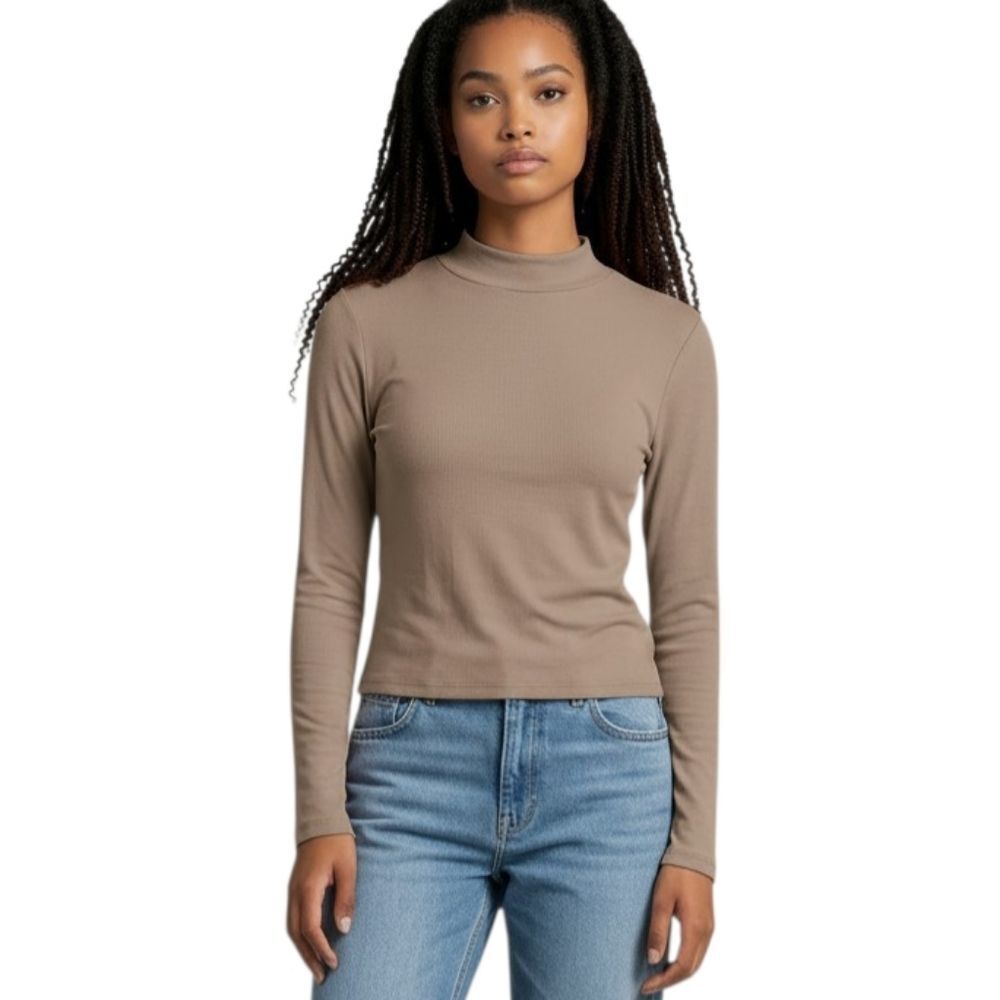 Brit & Bri Women's Mock Neck Long Sleeve Tan Top Sz.L EUC